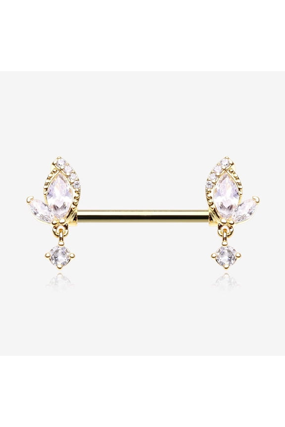 A Pair of Golden Elegant Marquise Leaflet Dangle Sparkle Nipple Barbell