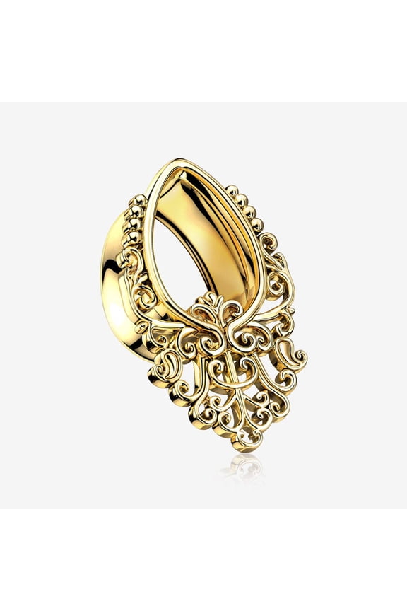 A Pair of Golden Majestic Filigree Teardrop Steel Double Flared Tunnel Plug