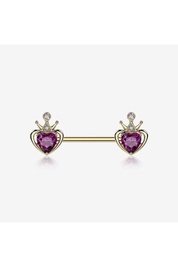 A Pair of Golden Majestic Queen's Crown Heart Sparkle Nipple Barbell