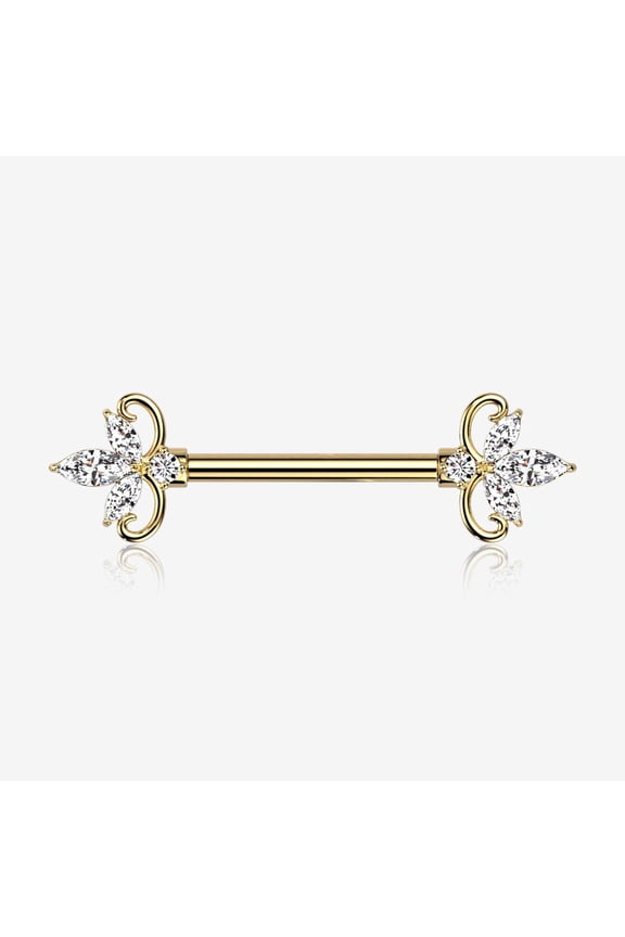 A Pair of Golden Royal Floral Spear Sparkle Elegance Nipple Barbell