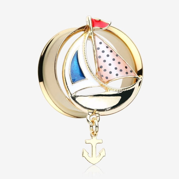A Pair of Golden Sail Boat Anchor Dangle Steel Ear Gauge Plug
