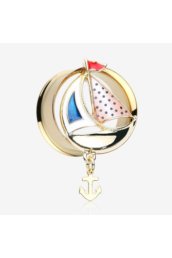 A Pair of Golden Sail Boat Anchor Dangle Steel Ear Gauge Plug