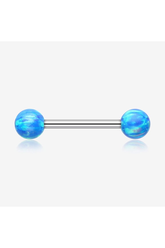 A Pair of Implant Grade Titanium Iridescent Fire Opal Ball Internally Threaded Nipple Barbell-Blue Opal
