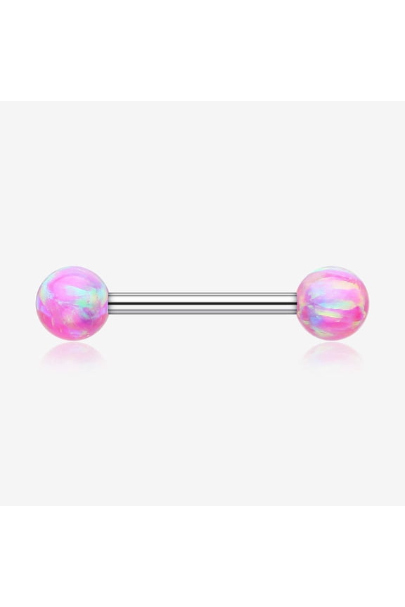 A Pair of Implant Grade Titanium Iridescent Fire Opal Ball Internally Threaded Nipple Barbell-Pink Opal