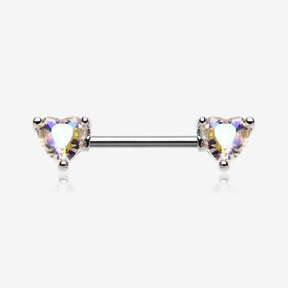 A Pair of Iridescent Heart Sparkle Nipple Barbell