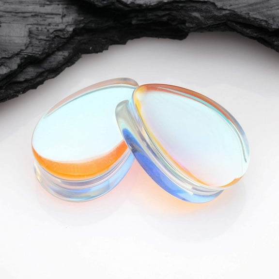 A Pair of Luminous Iridescent Teardrop Glass Double Flared Plug