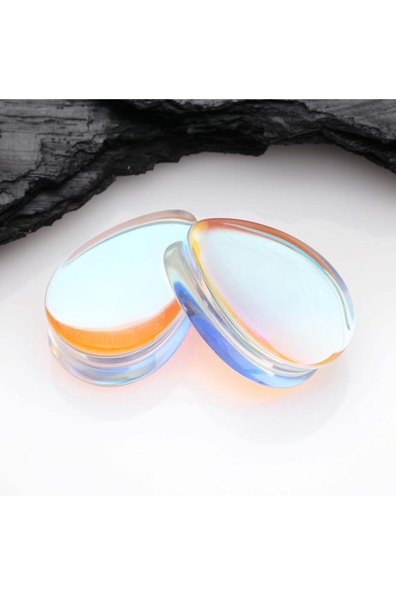 A Pair of Luminous Iridescent Teardrop Glass Double Flared Plug