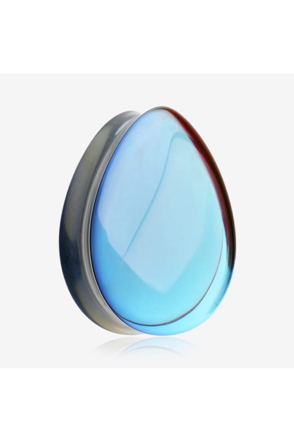 A Pair of Midnight Moon Iridescent Teardrop Glass Double Flared Ear Gauge Plug