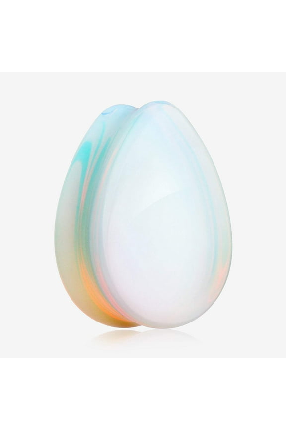 A Pair of Opalite Stone Teardrop Double Flared Ear Gauge Plug