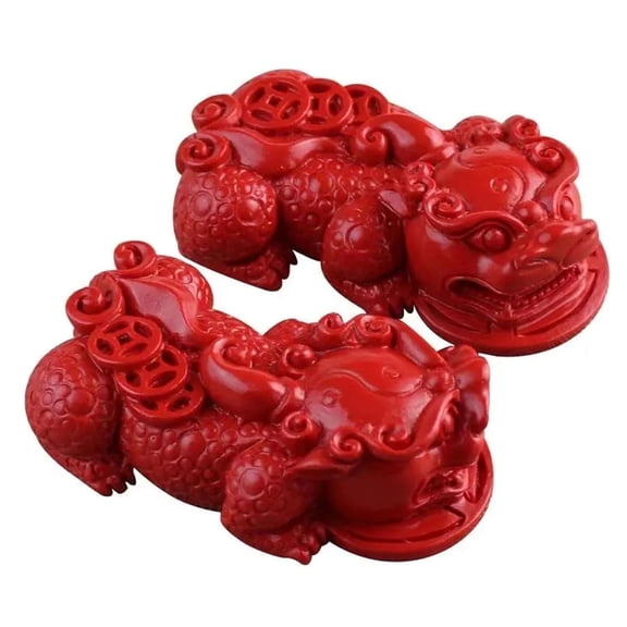 A Pair of Red Cinnabar Hand Carved Pixiu Statue Attract Money and Good Luck Decoration Figurine Fortune Business Interior Decoration Home Furnishing
