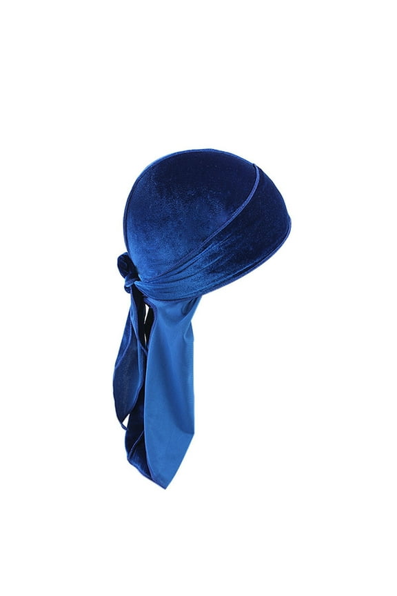 A Pair of Ribbons Blue Polyester Velvet Durag Cap for Men And Women Soft Velvet Durag Headwraps With Long Tail And Wide Straps for 360