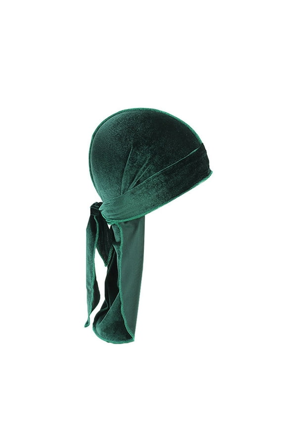 A Pair of Ribbons Green Polyester Velvet Durag Cap for Men And Women Soft Velvet Durag Headwraps With Long Tail And Wide Straps for 360