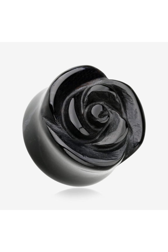 A Pair of Rose Blossom Black Agate Stone Double Flared Plug