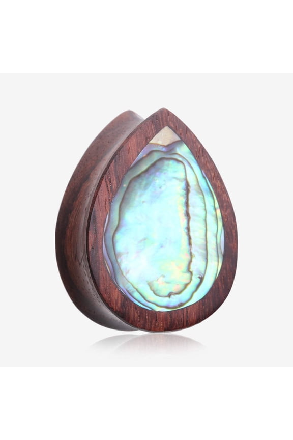 A Pair of Rosewood Bali Abalone Inlay Teardrop Double Flared Plug