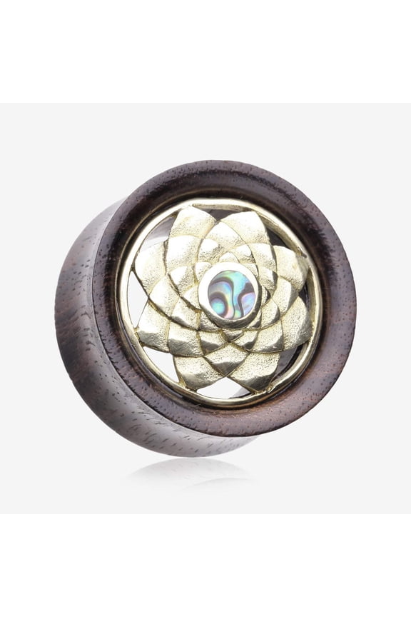 A Pair of Sacred Bali Abalone Lotus Brass Rosewood Double Flared Tunnel Plug