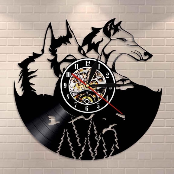 A Pair of Wolf Head Wall Clock Forest Wolf Portrait Vinyl Record Clock Amazing Wolf Totem Wall Art Home Decor Wolf Admirers Gift