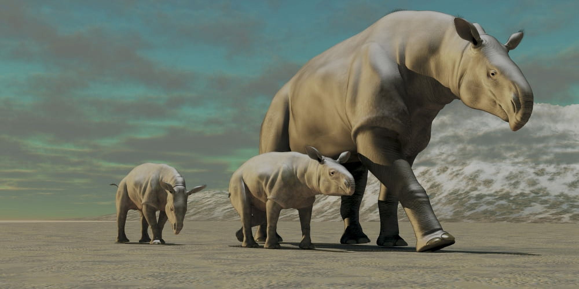 A Paraceratherium mother with two twin calves walks along a desert Canvas Art - Corey FordStocktrek Images (20 x 10)