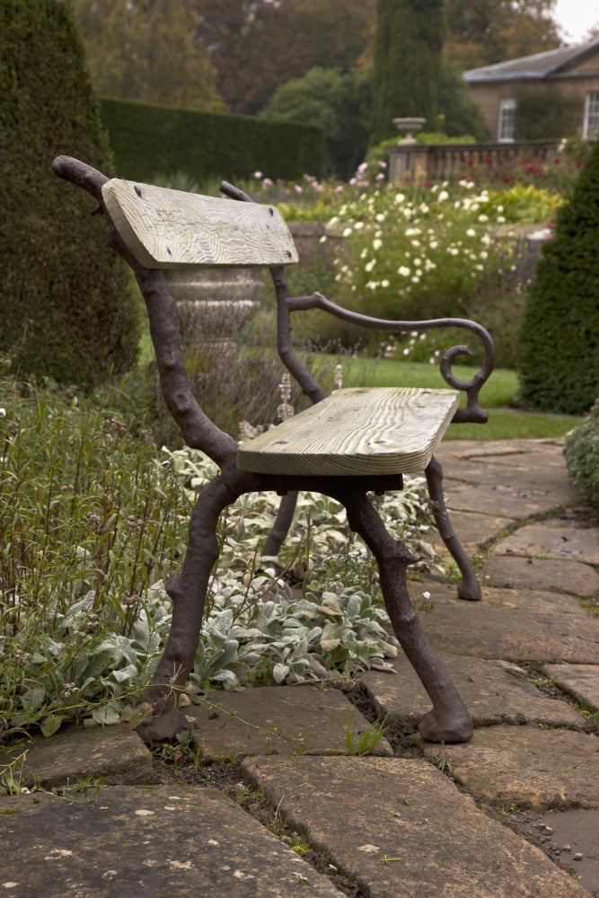 A Park Bench On A Stone Walkway Northumberland England Canvas Art - John Short Design Pics (24 x 38)