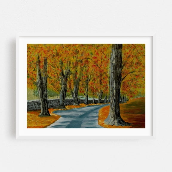 A Pathway Through Autumn - Painting Autumn Landscape Forest Nature Scenic Pastoral Woodland White Framed Wall Art Print 12 x 18 inches