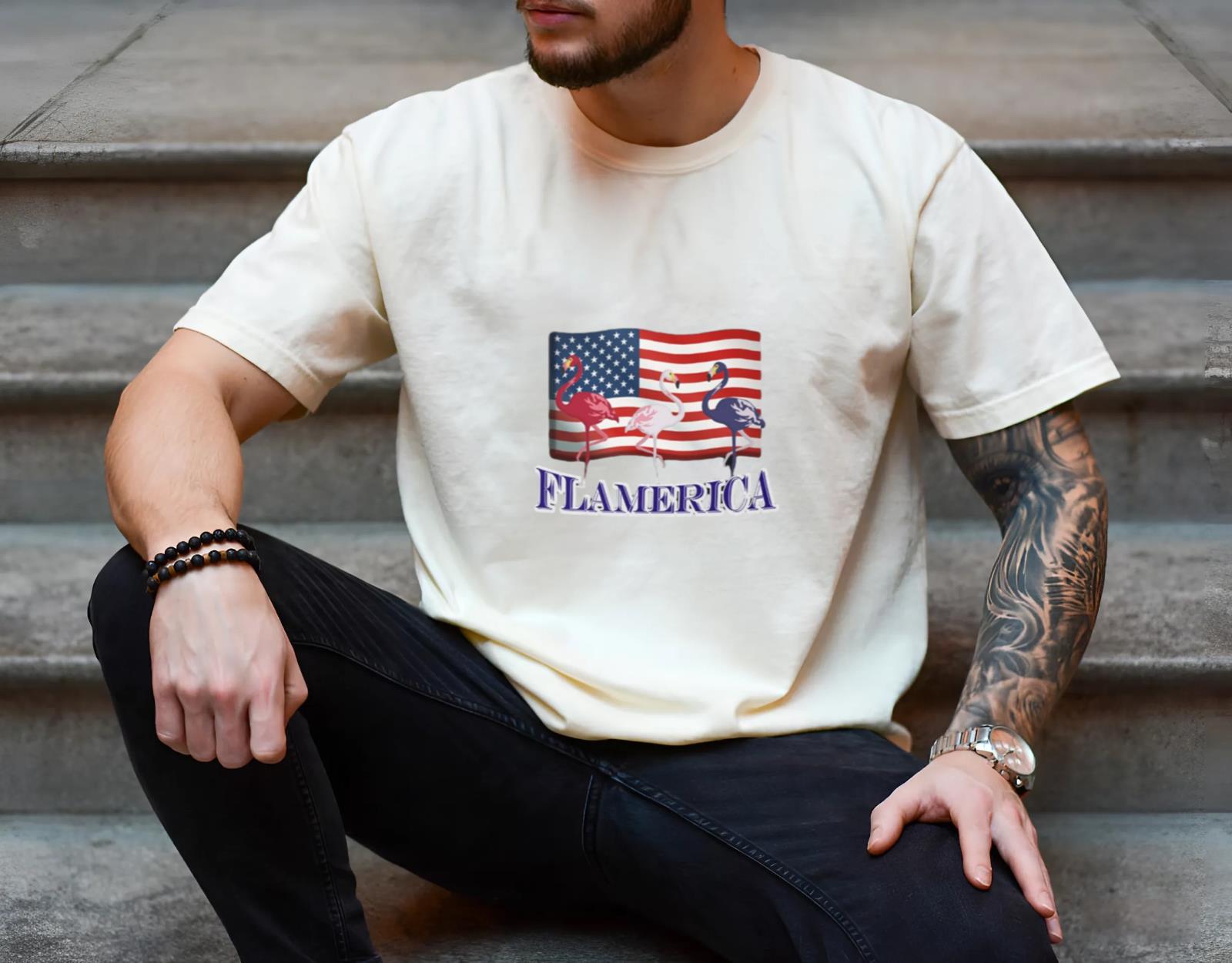 A Patriotic Flamingo in Red White and Blue for a USA Fan Comfort Color