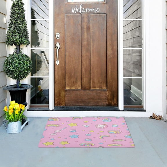 A Pattern Of Kawaii Candy and Stars Highly Absorbent Polyester Doormat Anti-slip Anti-fouling Indoor Outdoor Entrance Welcome Mat 32×20in.