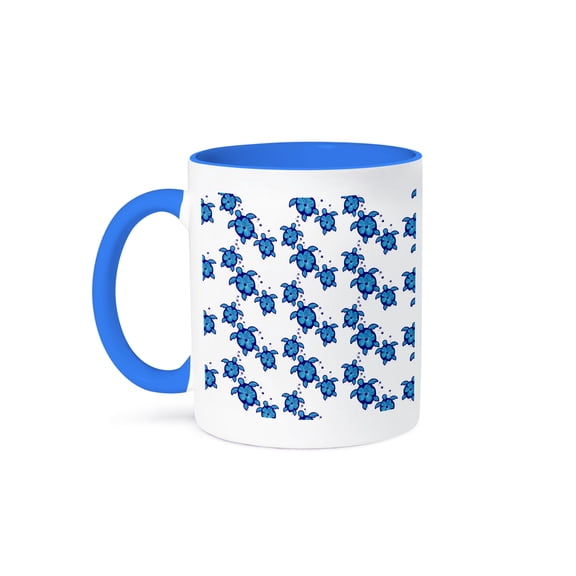 A Pattern Of Tropical Sea Turtles With Hibiscus Flowers For Shells., 11oz Two-Tone Blue Mug