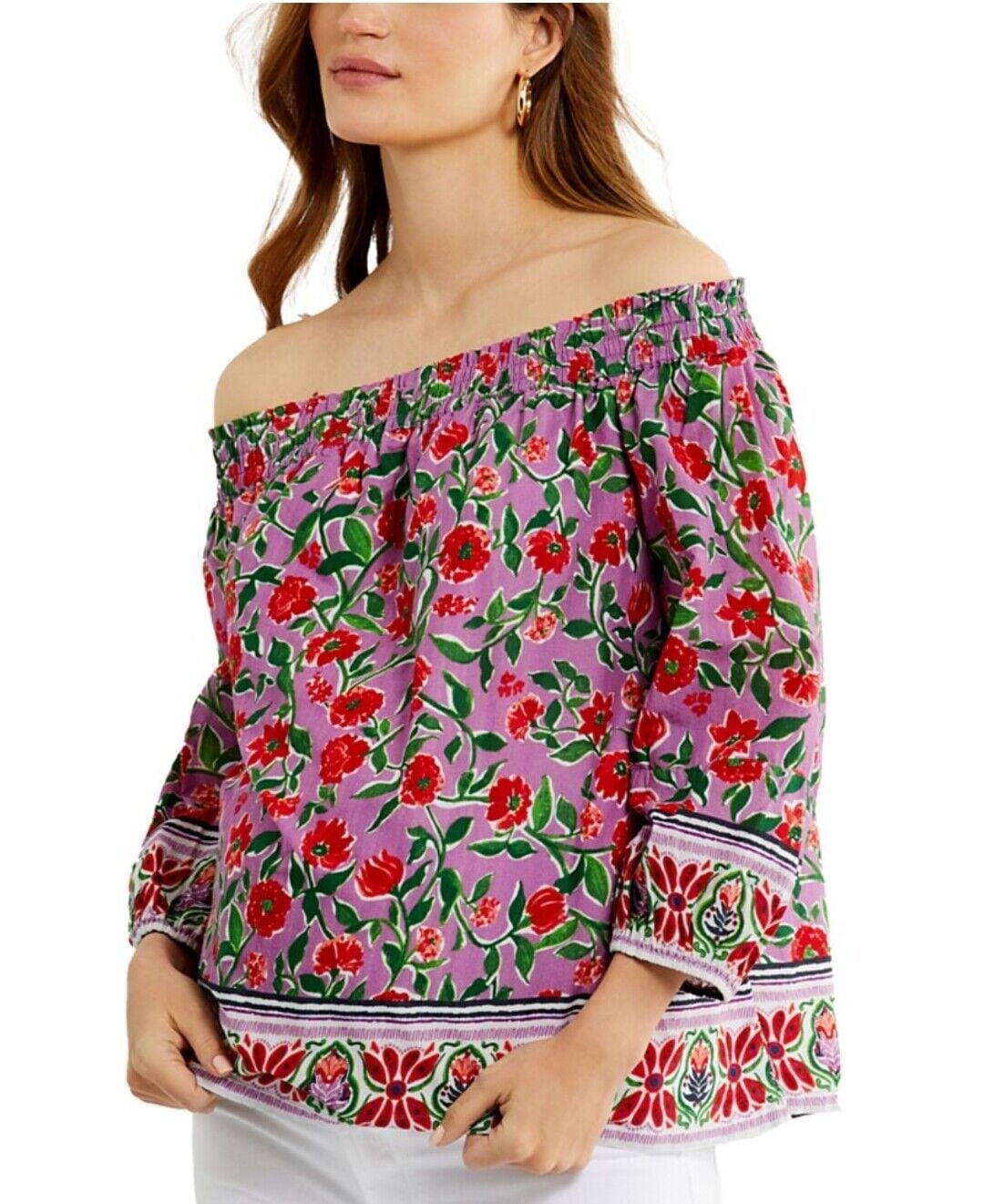 A Pea In The Pod Women's Cotton Off-The-Shoulder Maternity Top Pink Floral S