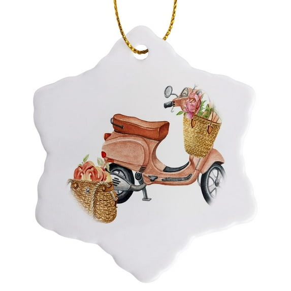 3drose, a Peach Color Scooter with Straw Purses of Flowers and Books, 3 inch Snowflake Porcelain Ornament