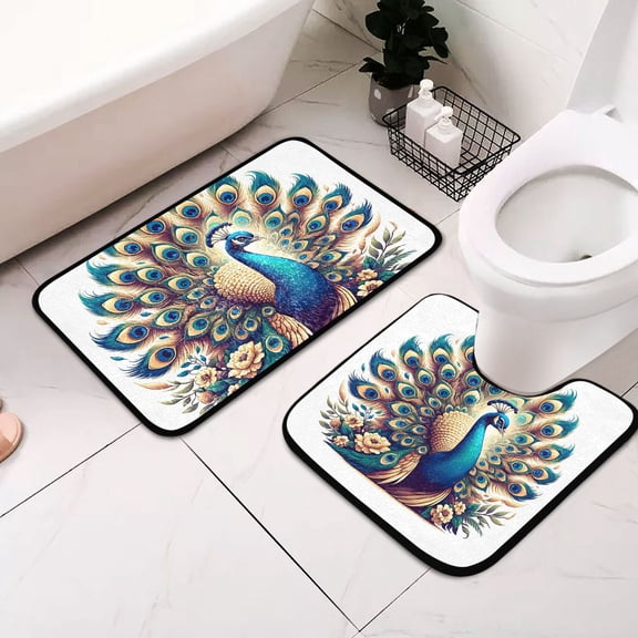 A Peacock 2 Pcs Bathroom Rug Non-Slip Bathroom Mats Water Absorption Toilet Carpet Washable Shower Rugs for Bathroom Floor Tub Shower