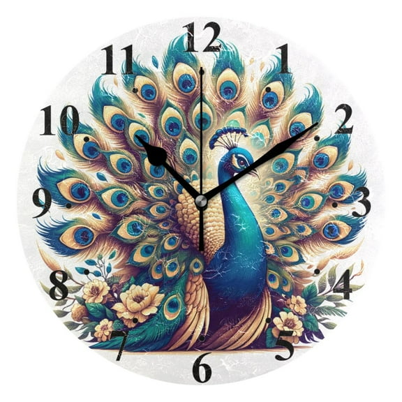 A Peacock Black 10 inch Wall Clocks Non Ticking Easy to Read Battery Decorative for Home Bathroom Kitchen Bedroom Living Room