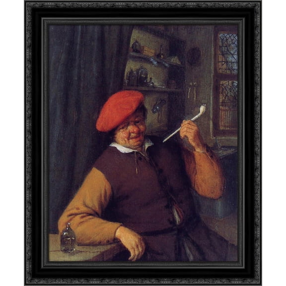 A Peasant in a Red Beret Smoking a Pipe 20x24 Black Ornate Wood Framed Canvas Art by Ostade, Adriaen van