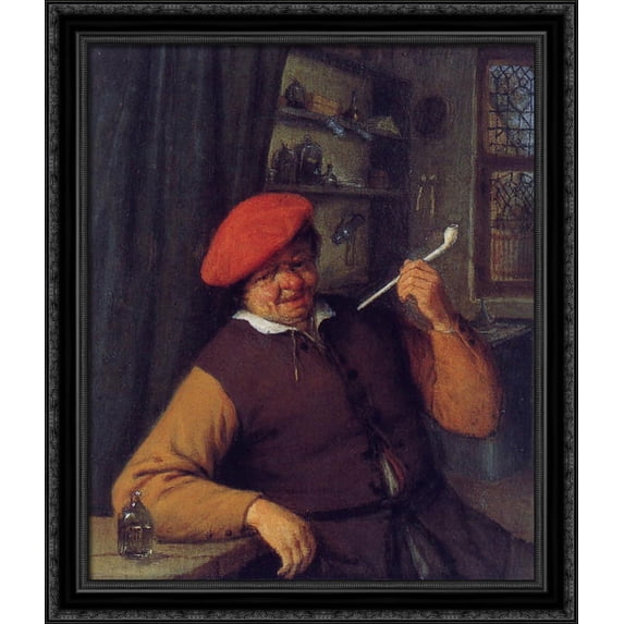 A Peasant in a Red Beret Smoking a Pipe 28x34 Large Black Ornate Wood Framed Canvas Art by Adriaen van Ostade