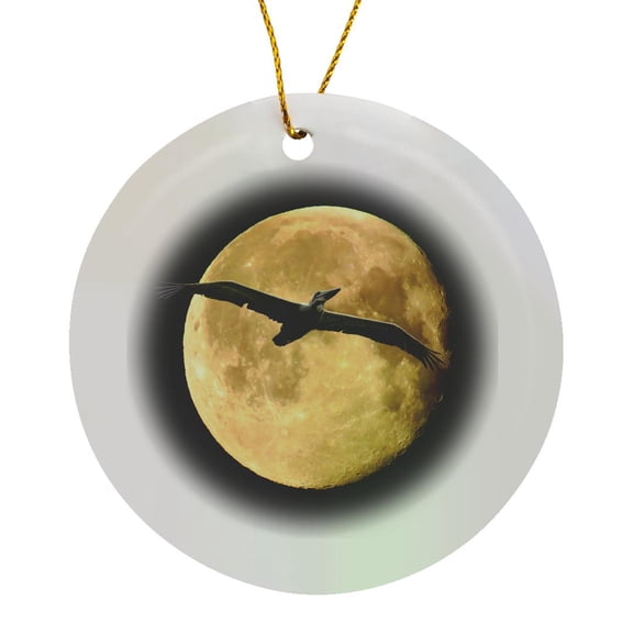3drose, a Pelican in Flight at Night Gliding Against a Glowing Moonlit Sky, Circle Porcelain Ornament