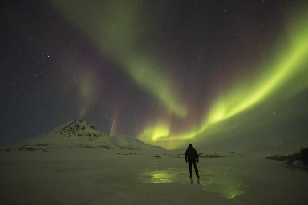 A Person Stands On The Frozen Blackstone River Beneath The Northern Lights Yukon Canada Canvas Art - Robert Postma Design Pics (19 x 12)