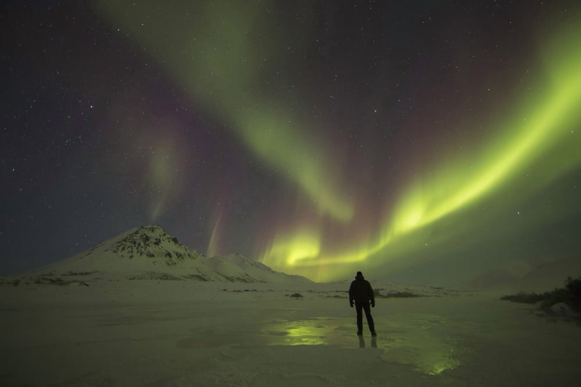 A Person Stands On The Frozen Blackstone River Beneath The Northern Lights Yukon Canada Canvas Art - Robert Postma Design Pics (38 x 24)