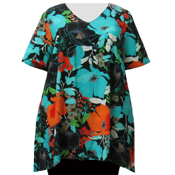A Personal Touch Turquoise Blossoms V- Neck Pullover Women's Plus Size Top - 3X