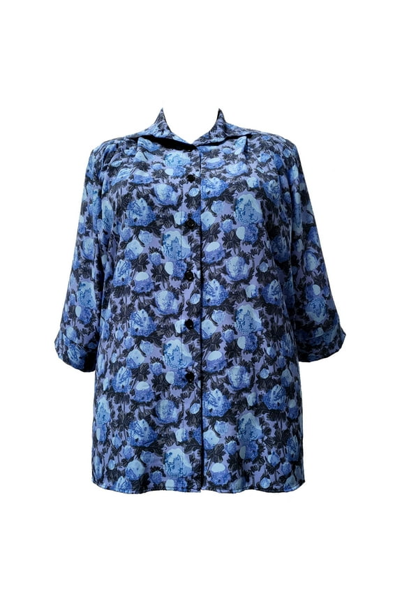 Women's Plus Size 3/4 Sleeve Button-Front Tunic - Blue Bloom - 6x