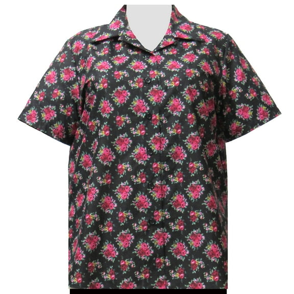 A Personal Touch Women's Plus Size Short Sleeve Button Front Cotton Camp Shirt - Black Really Rosy - 6X