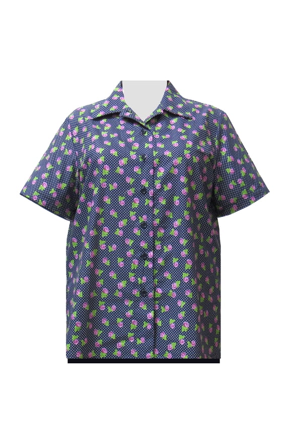 Women's Plus Size Short Sleeve Button Front Cotton Camp Shirt - Navy Dotty Roses - 6X