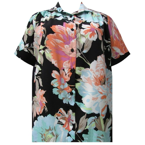 A Personal Touch Women's Plus Size Short Sleeve Button-Front Tunic with Shirring - Black Pastel Floral - 2x