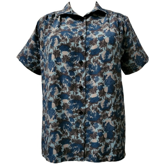 A Personal Touch Women's Plus Size Short Sleeve Button-Front Tunic with Shirring - Teal Bloom - 3x