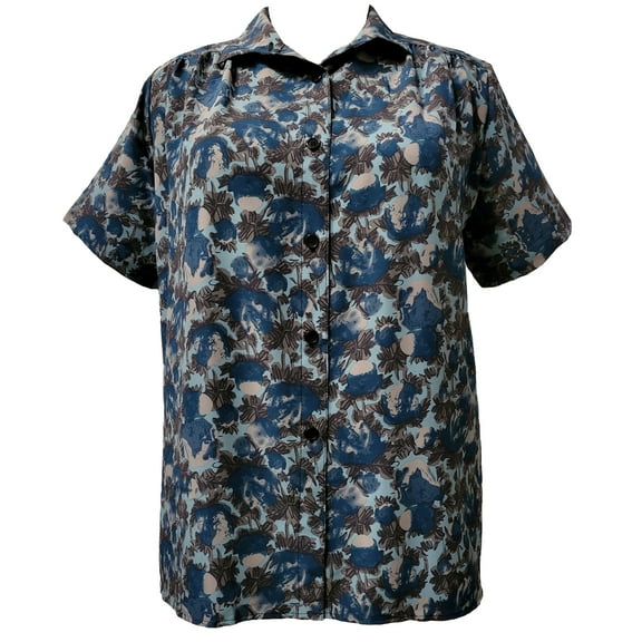 A Personal Touch Women's Plus Size Short Sleeve Button-Front Tunic with Shirring - Teal Bloom - 6x