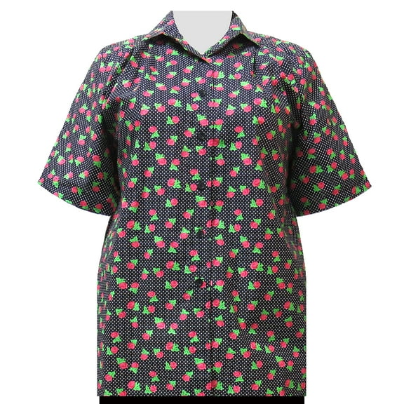 A Personal Touch Women's Plus Size Short Sleeve Button-Up Cotton Blouse with Pleats - Black Dotty Roses - 1X