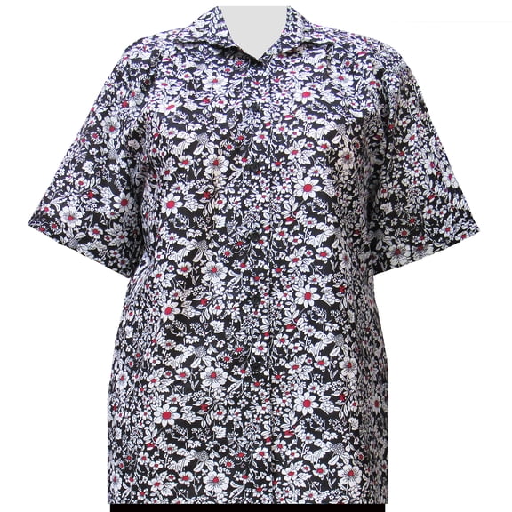 A Personal Touch Women's Plus Size Short Sleeve Button-Up Cotton Blouse with Pleats - Black Field of Dreams - 6X