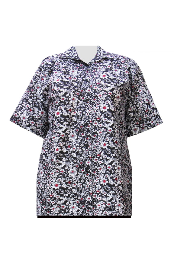 Women's Plus Size Short Sleeve Button-Up Cotton Blouse with Pleats - Black Field of Dreams - 6X