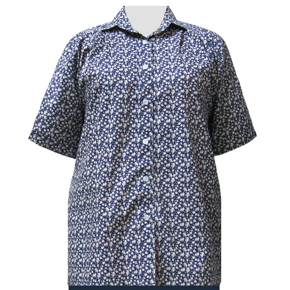 A Personal Touch Women's Plus Size Short Sleeve Button-Up Cotton Blouse with Pleats - Blue Ditsy - 5X