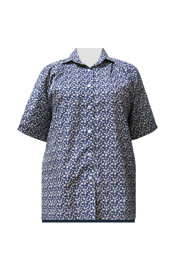 Women's Plus Size Short Sleeve Button-Up Cotton Blouse with Pleats - Blue Ditsy - 5X