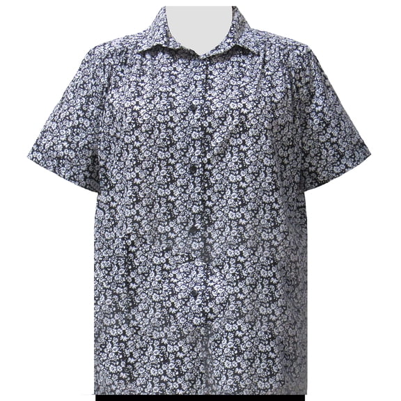 A Personal Touch Women's Plus Size Short Sleeve Button-Up Cotton Blouse with Shirring - Black & White Meadow - 6X