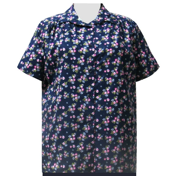 A Personal Touch Women's Plus Size Short Sleeve Button-Up Cotton Blouse with Shirring - Navy Bouquet - 6X