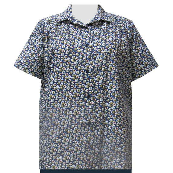 A Personal Touch Women's Plus Size Short Sleeve Button-Up Cotton Blouse with Shirring - Navy Carnation - 6X
